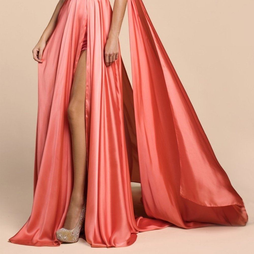 CORAL NEW  V-Neck A-Line Shape Satin Prom Dress CDA0065 - Picture 3 of 5